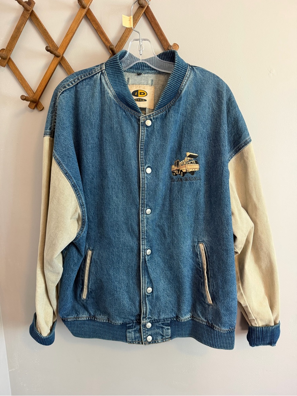 Vintage iD Wear Denim Varsity Bomber Jacket Excavator Embroidered Blue XL